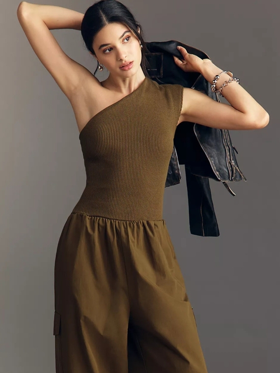 Anthropologie Pants - Anthropologie Olive One-Shoulder Knit Jumpsuit
